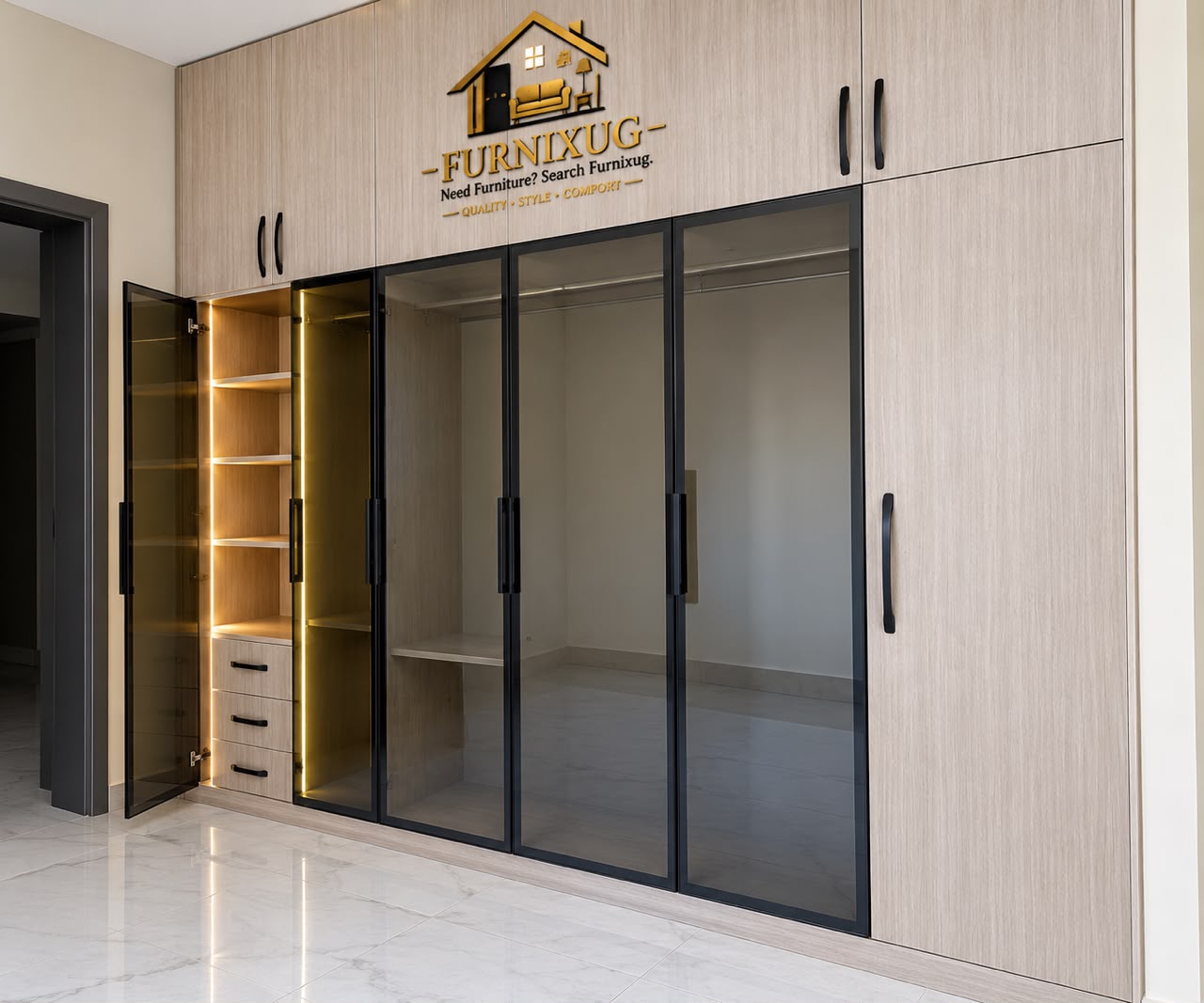 Wardrobe with Aluminium Glass Door Shutters + Lights
